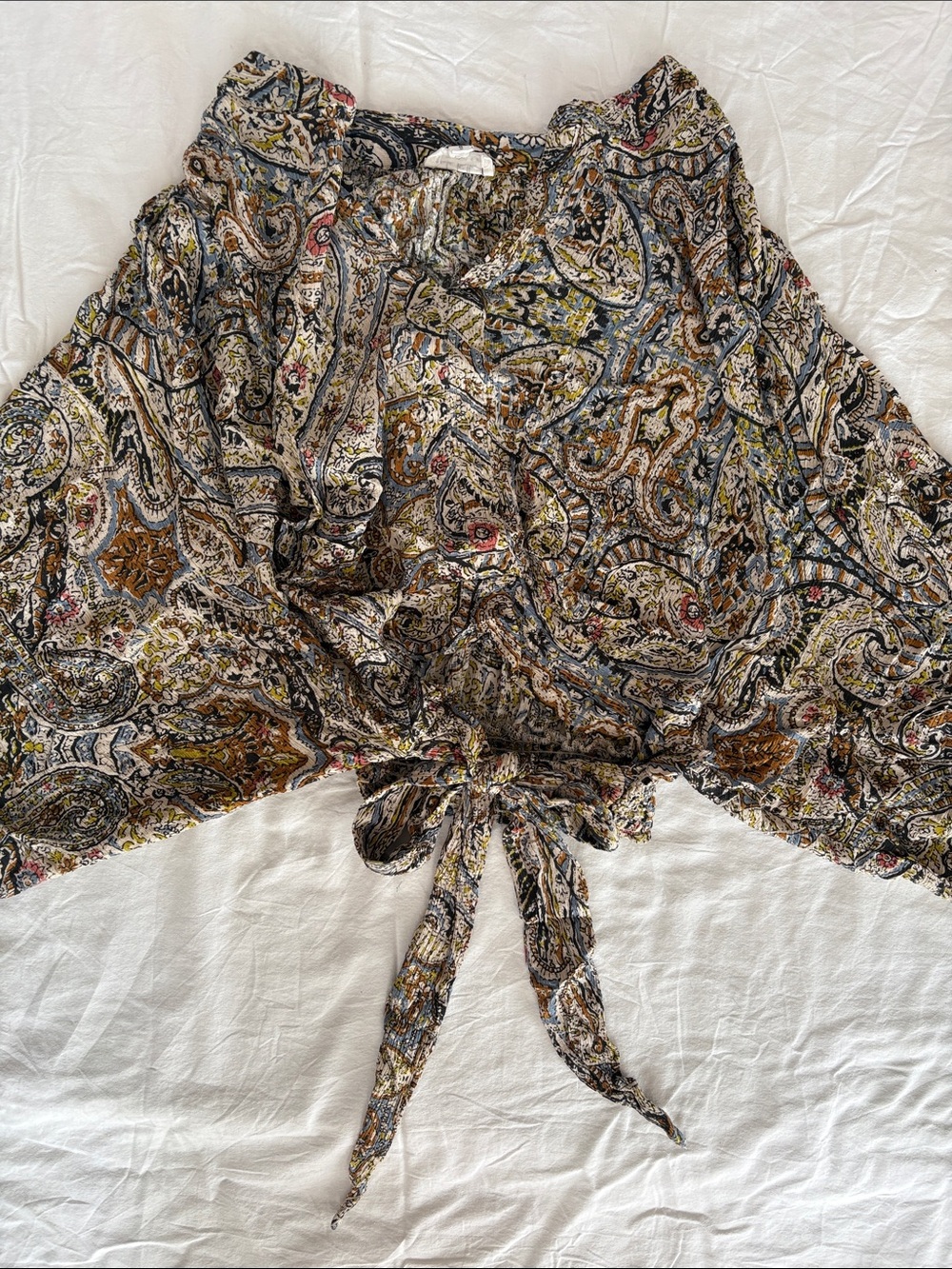 Nicole Miller Paisley Tie-Front Crop Top - Multi Brown/Black
